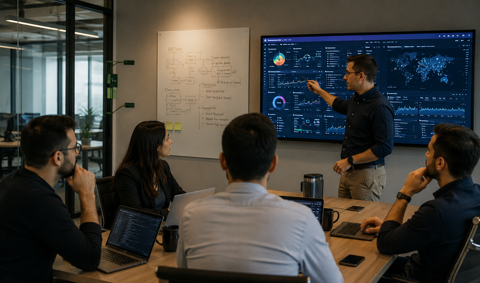 Equipe de tecnologia em escritório moderno representando soluções de cloud computing e infraestrutura de TI empresarial da Devops