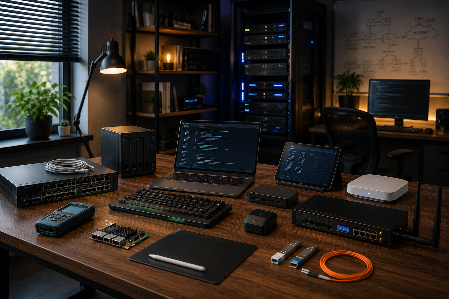 Ambiente profissional de tecnologia da informação com servidores em rack, switches, roteadores, notebook, equipamentos de rede e acessórios de infraestrutura corporativa.