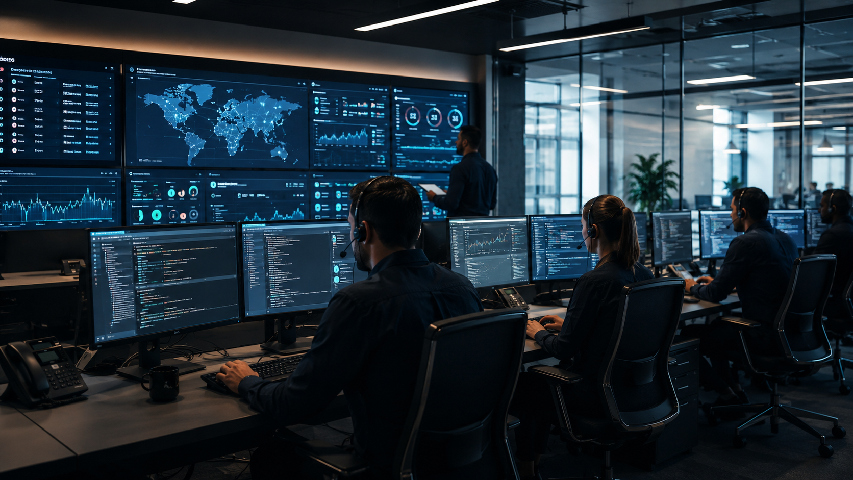 Profissionais analisando dados e segurança digital em ambiente corporativo moderno, representando serviços de cibersegurança da Devops