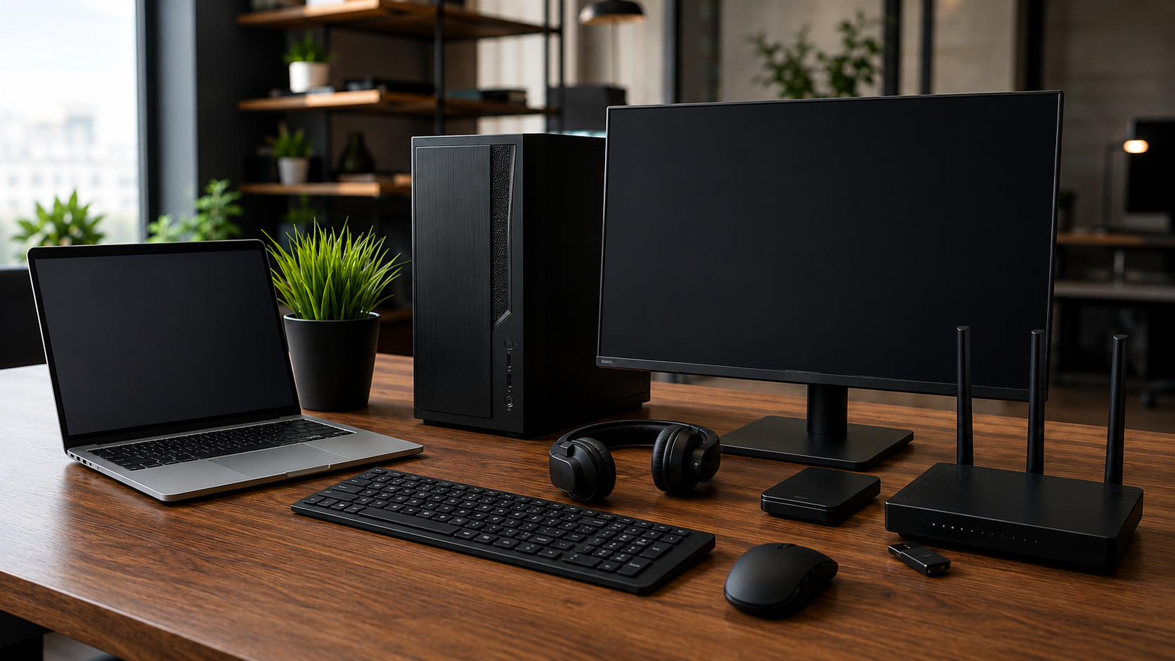 Setup tecnológico com monitor ultrawide, notebook, computador gamer, tablet, smartphone, smartwatch, câmera inteligente e controle de videogame em escritório contemporâneo.