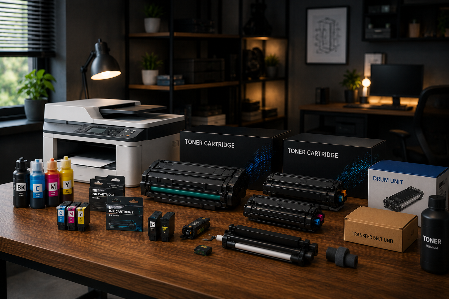 Mesa com impressora multifuncional, cartuchos de tinta, toners, cilindros, suprimentos para impressão e acessórios organizados em ambiente corporativo moderno.