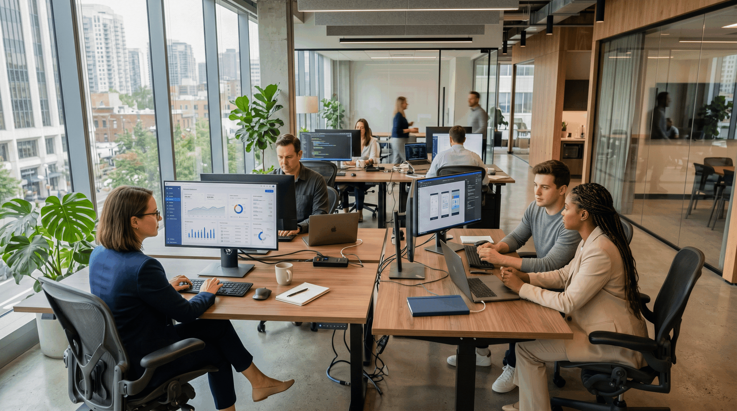 Equipe de tecnologia em ambiente corporativo oferecendo suporte de TI, consultoria estratégica e soluções empresariais